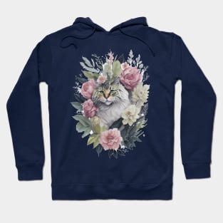 Fluffy Cat around Flowers: Scattered Watercolor in Pastel Colors Hoodie